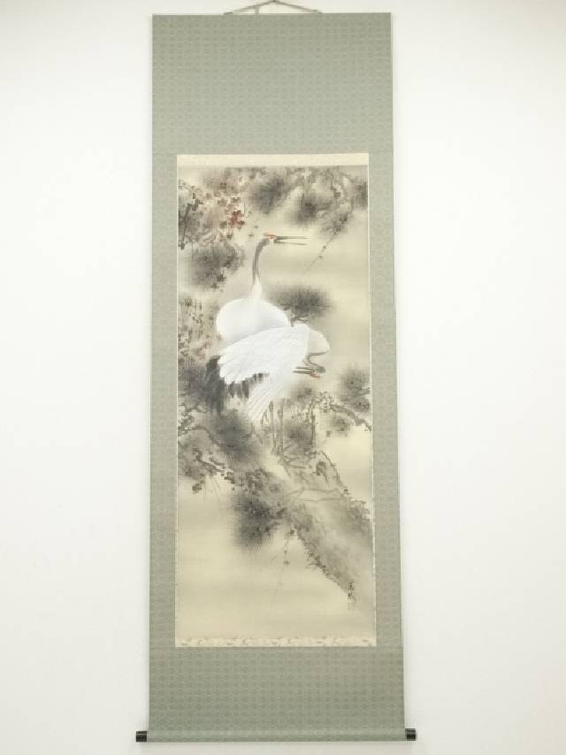 【絹本】肉筆掛け軸花鳥画　細筆画「鶴と松」美術品　絵画　和室　茶室　床の間 6937917_304.jpg