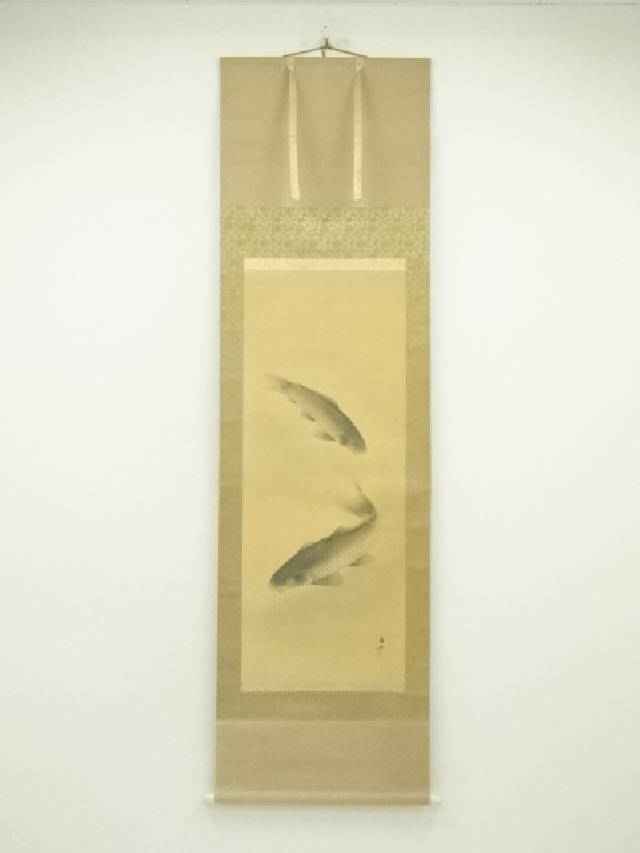 春山　鯉図　掛け軸　骨董品　古美術 春山 鯉図 掛け軸 骨董品 古美術