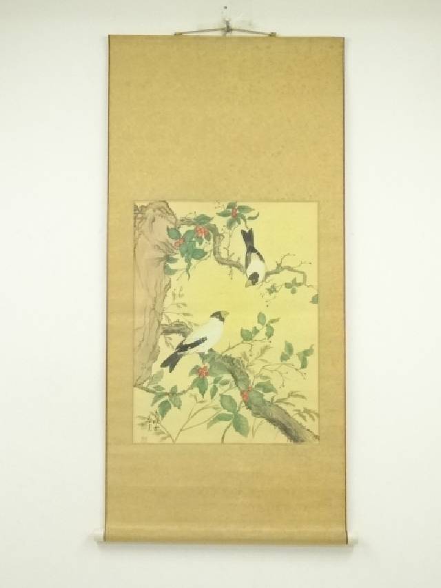【模写】日本画 芝景川(興平) 「闔家全慶図」絹本 掛軸 鶏 籠 花 MA654 模写】日本画 芝景川(興平) 「闔家全慶図」絹本 掛軸 鶏 籠 花