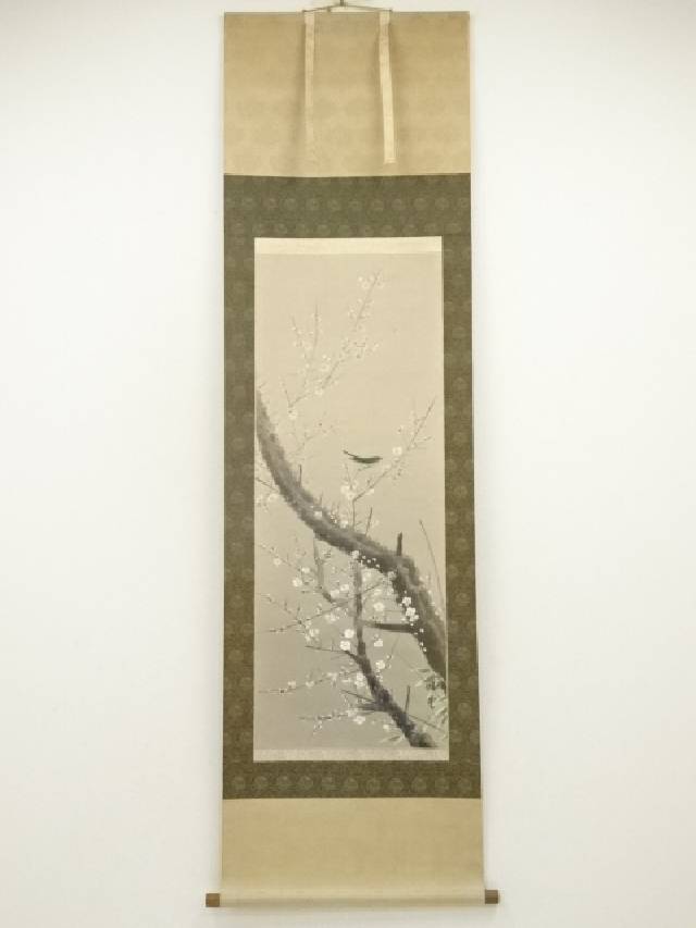 掛け軸 深谷 梅に鶯 絹本 希少 軸装 茶道具 掛軸 美品 です。 掛け軸 田村竹世 紅白梅に鶯 絹本 希少 軸装 茶道具 掛軸 美品