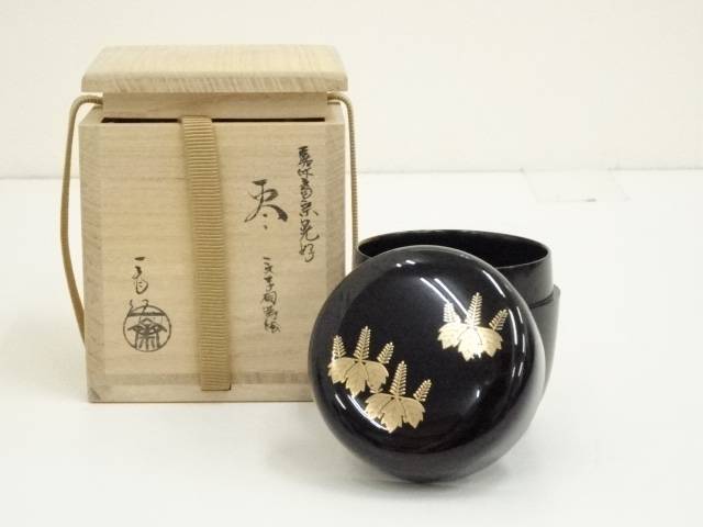 人間国宝　川北良造作　縞　黒檀　春秋　蒔絵　香合　共箱　茶道具 人間国宝 川北良造作 縞 黒檀 春秋 蒔絵 香合 共箱 茶道具