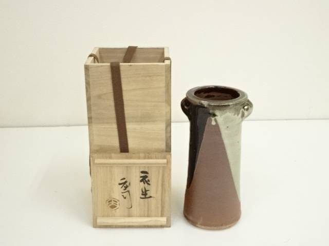 Ｎ６０５　扁壺　『益子窯　木村充造』『青釉流文』『花生』　共箱　花器 N605 扁壺 『益子窯 木村充造』『青釉流文』『花生』 共箱