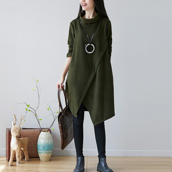 楽天市場 ワンピース タートルネックチュニック Aラインワンピース アシンメトリー 体型カバー 秋冬 カーキ ワインメール便のみ送料無料3 Neutral Store