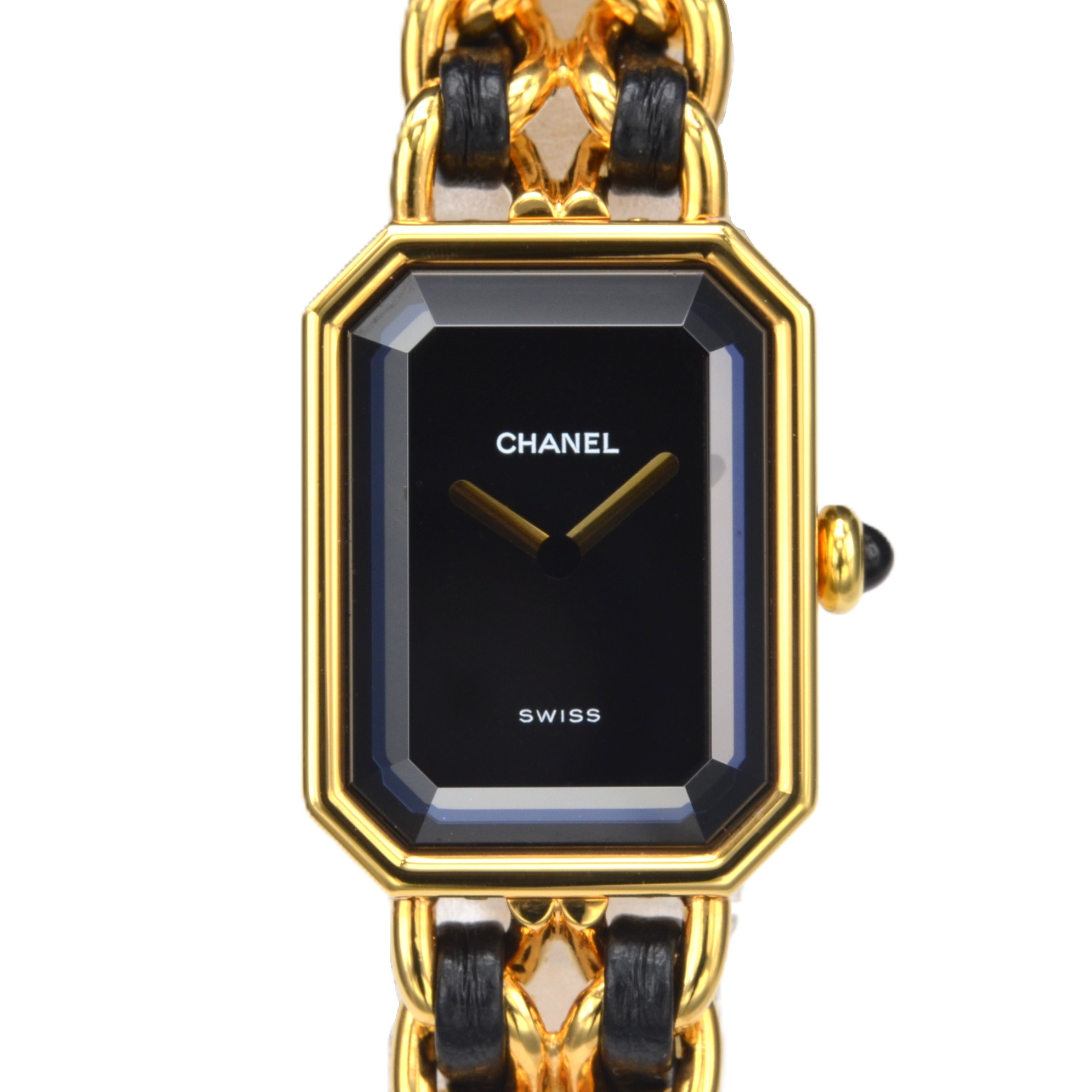 CHANEL シャネル プルミエール M大きさ 石英 レディースウオッチ GP×なめし革 黒文字盤 ヴィンテージ 御前上等時辰儀 【中古】 【美品】