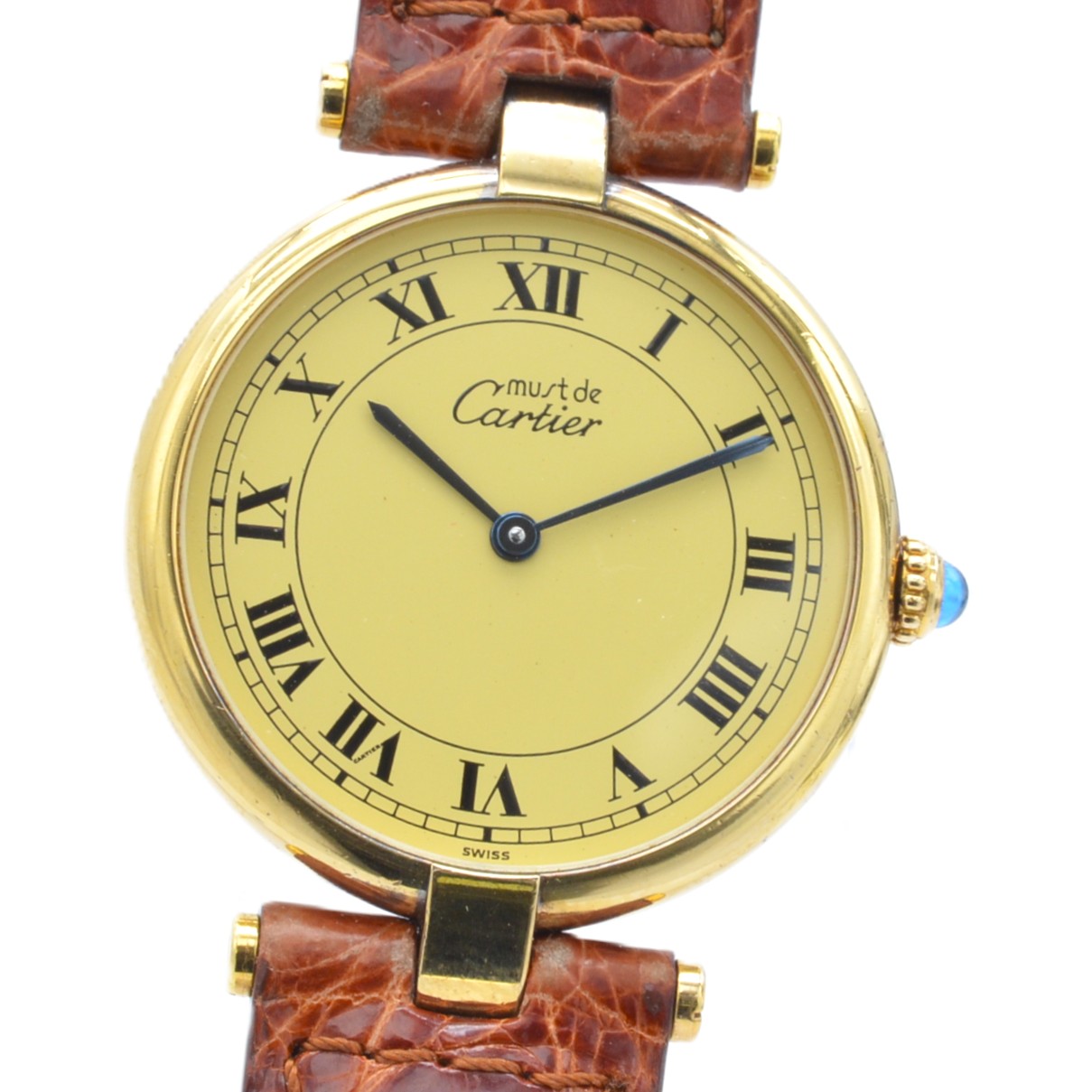 CARTIER カルティエ マストヴァンドーム ヴィンテージ 腕時計 クォーツ 金メッキケース 革ベルト アイボリー文字盤 メンズ腕時計 小ぶりサイズ ユニセックス 【中古】