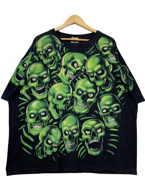 01年 LIQUID BLUE Skull Over Print S/S Tee 黒緑 XXL 00s リキッドブルー 半袖 Tシャツ スカル 大判プリント 総柄 2001 ブラック 2XL 古着 【中古】｜古着屋NEWJOKE店