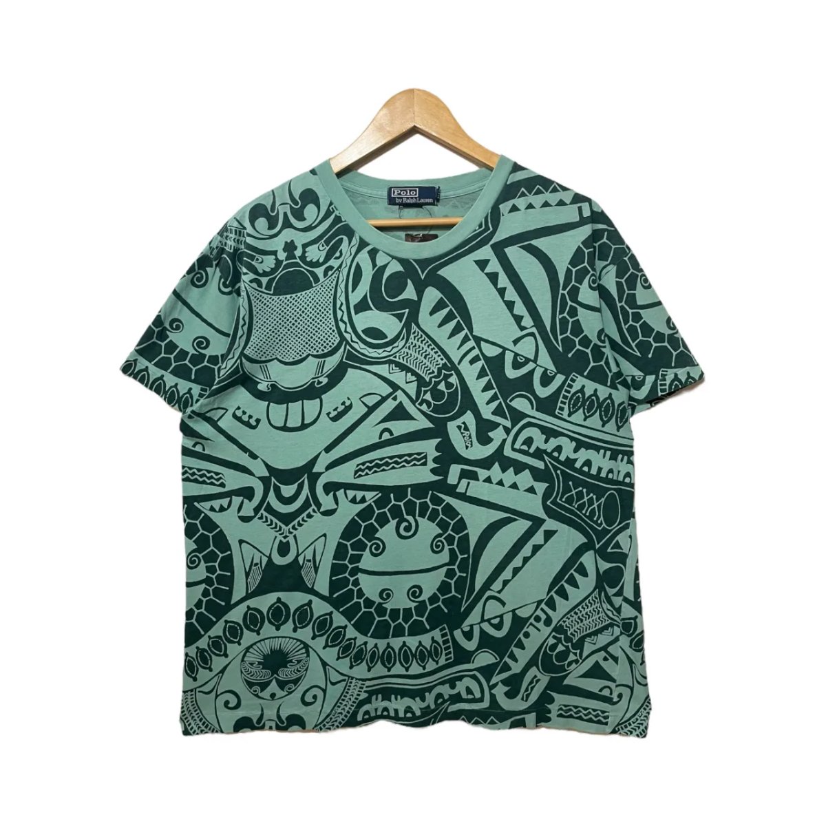 90s Polo Ralph Lauren Cotton Tribal Pattern S/S Tee 総柄 L ポロラルフローレン 半袖 プルオーバー 取り組みバル柄 総柄 緑であること 古着