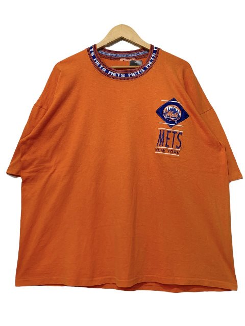 90s MLB \"NY METS\"" Logo S/S Tee オレンジ色 XL ニューヨーク州 メッツ 半袖 プルオーバー ロゴタイプ 刺しゅう 首リブデザイン 古着 【中古】"