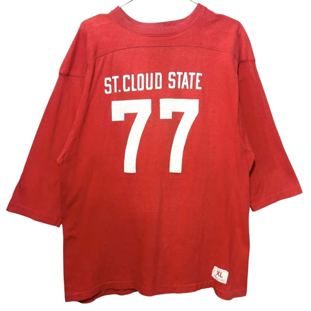 VINTAGE 70s USA製 Champion Cotton 100% FootBall Tee XL RED 77 タタキタグ はやりっ児 蹴球 プルオーバー 古着