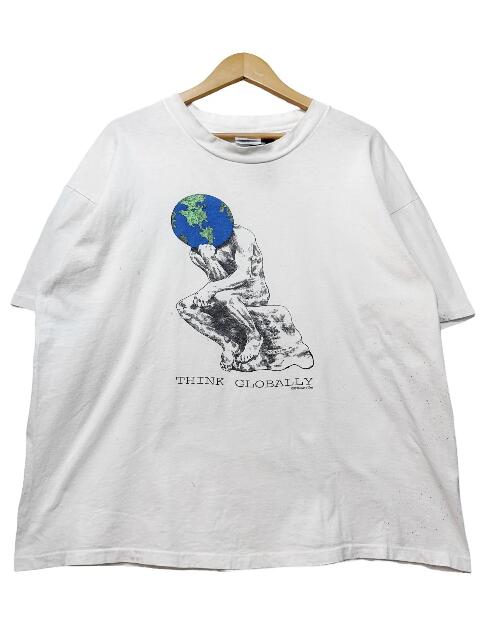 90s THINK GLOBALLY Print S/S Tee 白 XL 考える人 世界 半袖 プルオーバー 白いこと 古着【中古】