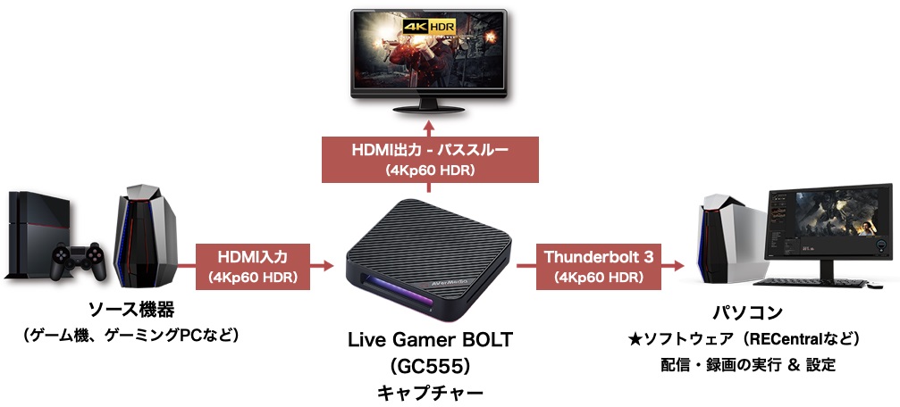 AVerMedia Live Gamer BOLT GC555 4Kパススルー 録画 対応 Thunderbolt3接続 外付け ゲームキャプチャー  ボックス Windows 11 対応 HDMI Y実況 PlayStation PS5 PS4 Nintendo Switch Xbox PC  キャプチャーボード Vtuber PCパーツ