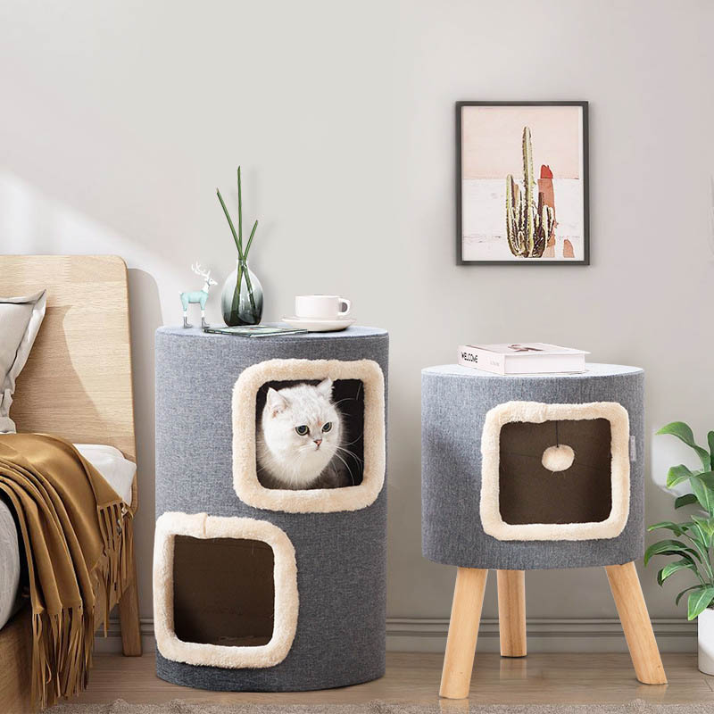 円筒型キャットハウス 室内用 おしゃれデザイン ペットベッド 通気性 猫用スペース インテリア兼用 木製脚付き｜日用雑貨NEWPRODUCT