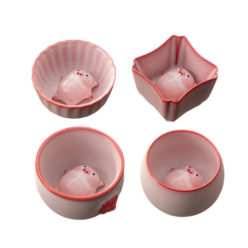 陶芸製紅茶優勝杯と豚の細密画図形.執務室やリビングのかざり付ける用