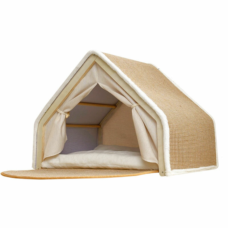 木製ひな形猫住みか ジュート製爪とぎ一体型 円蓋式 四季相応う 猫用・小型犬用臥榻 窓かけ付き添い人駆け込み寺