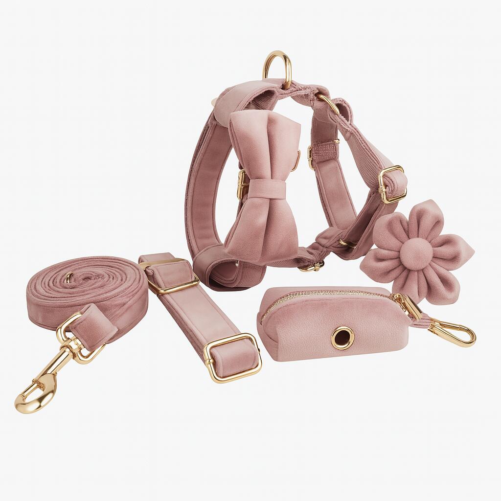6点セット ベルベット製犬用ハーネス、リード、首輪セット、蝶結び、フラワー、うんち袋付き、柔らかく調節可能な犬用ウォーキングセット｜日用雑貨NEWPRODUCT