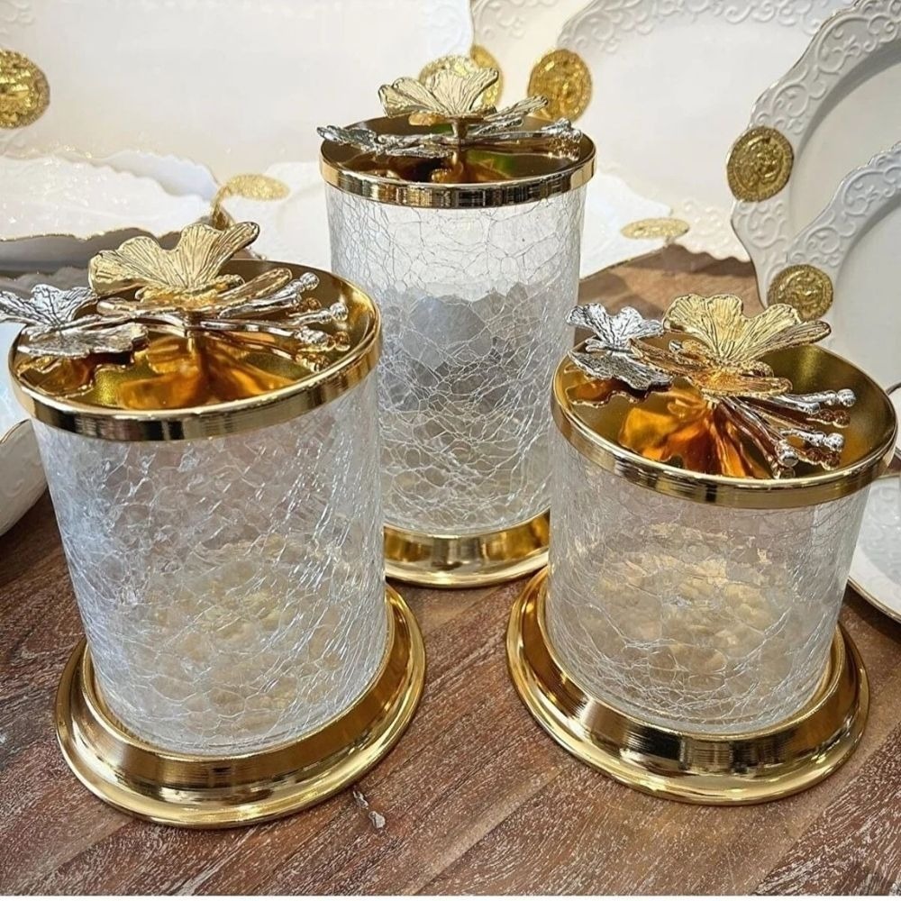 バーラット製の耐久性のある金属元素 \u0026 ガラスキッチンキャニスター、雅びやかなリーフモティーフカバースタイルモダンな身寄り用調味料納める