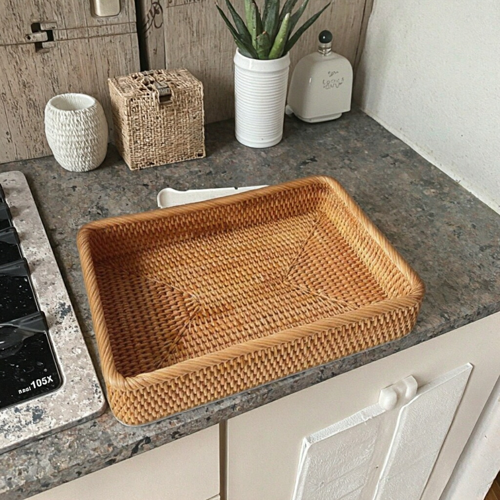 りクラシックラタン織り矩形コーヒーパントレイ納める仕合わせ \u0026 バスケットシングルティアキッチン用リビングお部屋食器