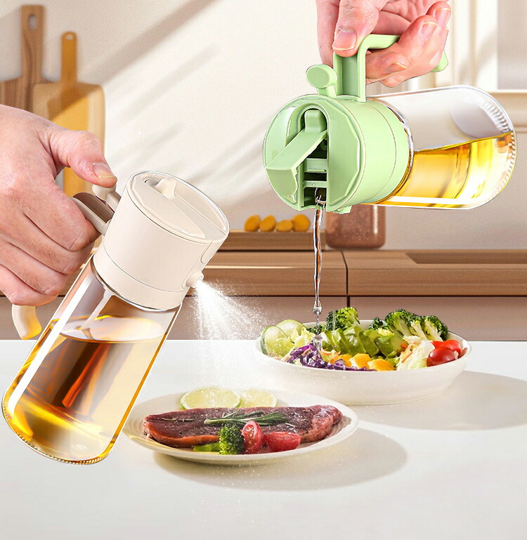 油絵の具吹きつける 2IN1油絵の具壜  オリーブ油絵の具 吹きつける 470ML 遮光耐熱硝子 霧吹き 吹きつける 一皿分の料理用 片手でも当て嵌める能力のある 液だれしない 勝手もと/エアフライヤー/サラダ菜/ベーキング用