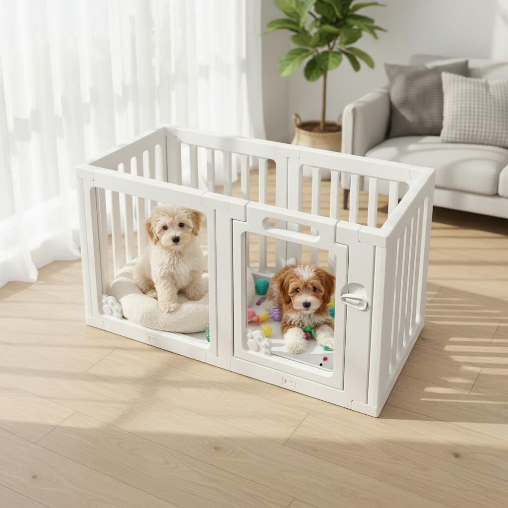 モダンなプラスチック製安全ペットサークル（4+2個の犬用）、屋内用、透明なゲートとボタン式の閉鎖付き、小型から中型のペット用｜日用雑貨NEWPRODUCT