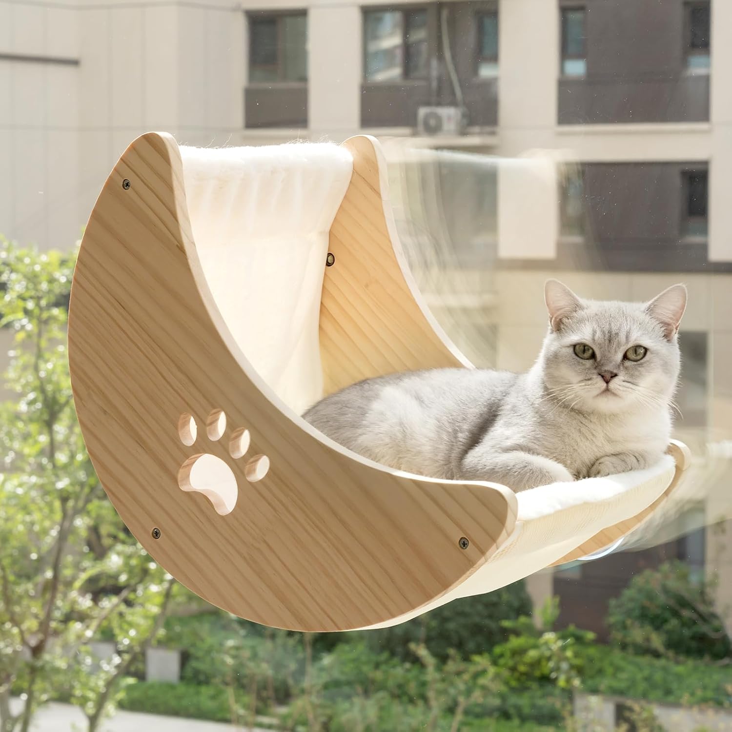 木製愛玩動物寝台 室内用 ムーンキャット 車窓ハンモック 木製ムーンペットベッド 豪然たる吸盤付き添い人 御休み見ること用 軽く生あたたかい