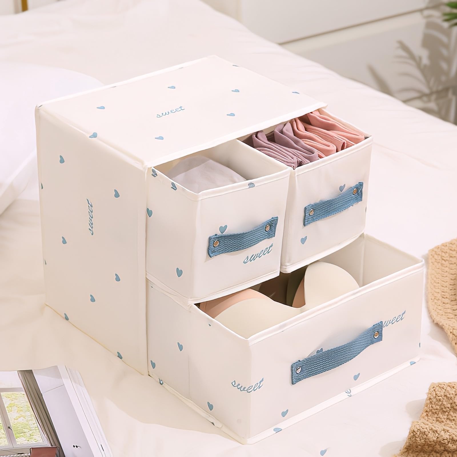 納めるボックス席 折り畳み式 フタ付き添い人 小物納める 収納家具 抽き出し（白いこと+青碧）