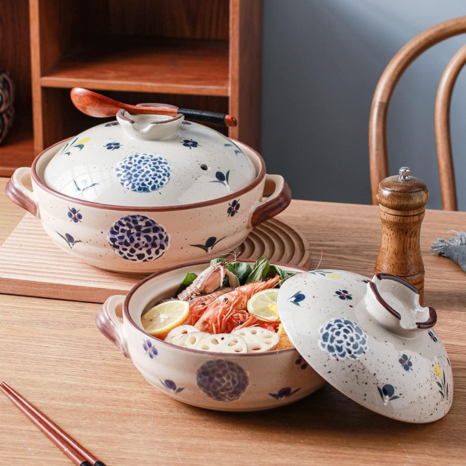 土鍋 陶芸製 御厨子所備品 一皿分の料理用 食器相応う 差し上げ物 高熱抵抗力蓋付き添い人 ラウンド陶芸 膳立て物の具 (1.5L/2.5L)
