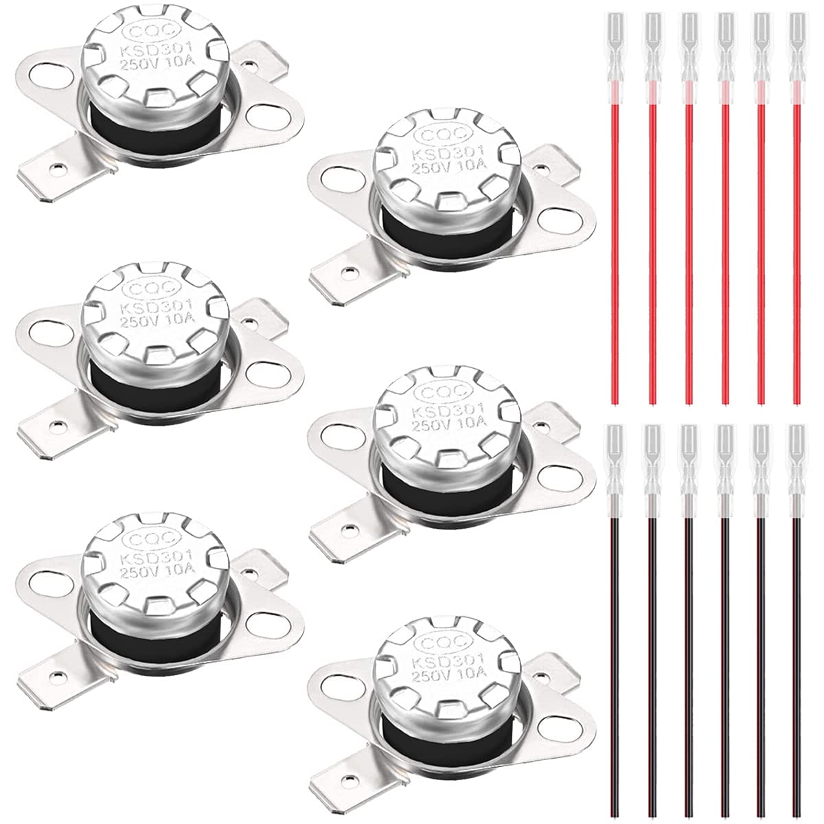 6個 KSD301 40&deg;C / 104&deg;Fサーモスタット温度スイッチ250V 10A通常閉NC熱制御スイッチ（12個圧着端子付きマイクロ波用ワイヤー付き）｜日用雑貨NEWPRODUCT