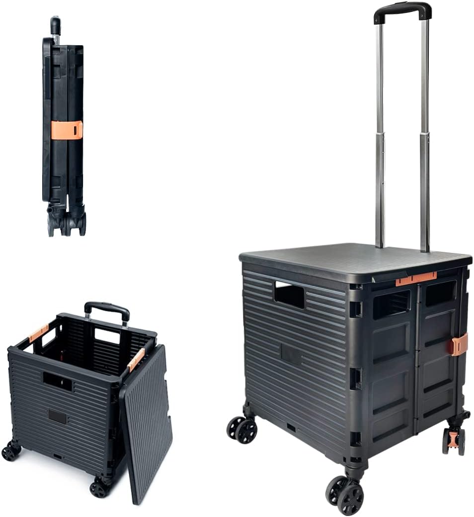 キャリーカート 折りたたみ 大容量50L ショッピングカート 4輪自在 耐荷重50KG キャスター ストッパー付き コンパクト ふた付き 買い物カート ブラック 台車 アウトドア 折り畳み式 釣り 運動会 ショッピング用 超コンパクト 防災用品 キャンプ用 旅行用品 軽量 運搬 静音｜日用雑貨NEWPRODUCT