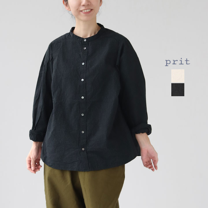 PRIT プリット｜40/1強撚グラフチェック スタンドカラータッククレリックブラウス P80636