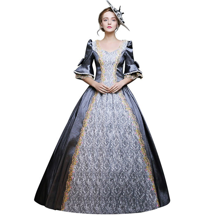 貴族服 クリスマス ヨーロッパ風 ワンピース 花柄 ロング丈 背中見せ 編み上げ仕様 7color ワンピース 黒 ネイビー 金色 花柄 ベルスリーブ 7分袖 現代劇演出服 お姫様 女王様 王族服 復古風 中世期風 洋服 パーティードレス クリスマス 撮影用 ニュースタンダード店