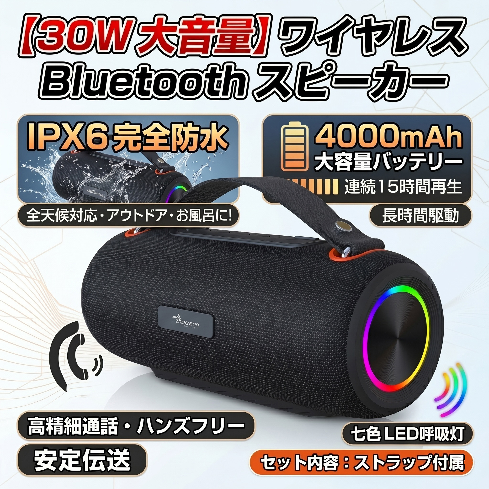 Bluetooth金棒引き 30W高最終生産物 重低音部 3Dサラウンド 無線電話 IPX6雨合羽 大静電容量4000mAh 長時間生まれ変わり RGBともし火 携帯型 ハンズフリー電話を掛ける TF歌留多 USB AUX FM相応う アウトドア 難民キャンプ 今めかしい 高声遣い 小型 金棒引き