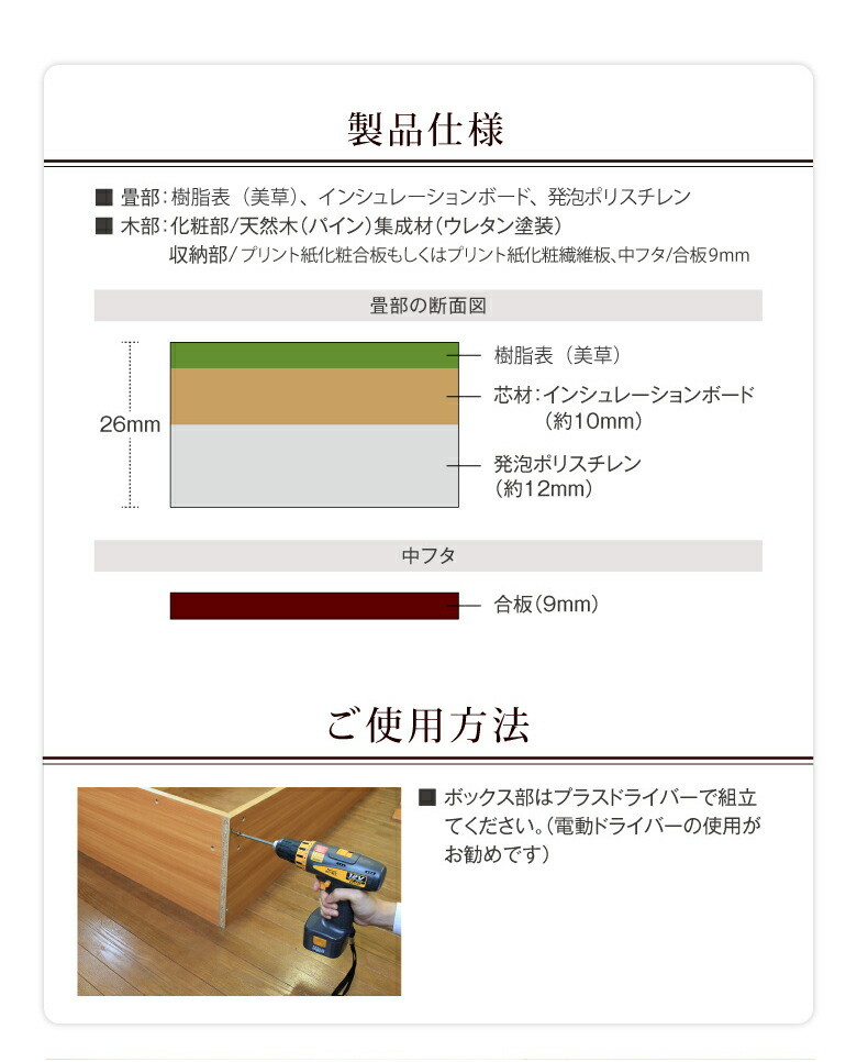 楽天市場 小上がり和室 堀こたつ ユニット 畳 へりなし4 5畳 247 247 高さ33cm 日本製 掘りごたつ 収納力抜群 高級感 組立式 自社製造 天然い草 琉球畳 掘座卓 畳 ユニット ニュー畳ライフ