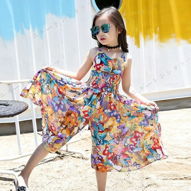 子供服 オーバーオール 花柄 ワンピース ワイドパンツ 女の子 プリント サロペット ノースリーブ オフショルダー リゾート おしゃれ 夏 ビーチ 可愛い ジュニア服 卒園式/入学式/パーティ 120 140 150