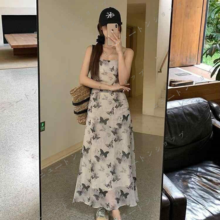 ワンピース レディース 夏 吊り帯 小花柄 蝶柄 水墨風 フレンチスタイル ロング 涼感 軽量 女性らしい シルエット 膝下丈 花柄 プリント コットン混 吸湿速乾 通勤 デート 普段使い(x2)