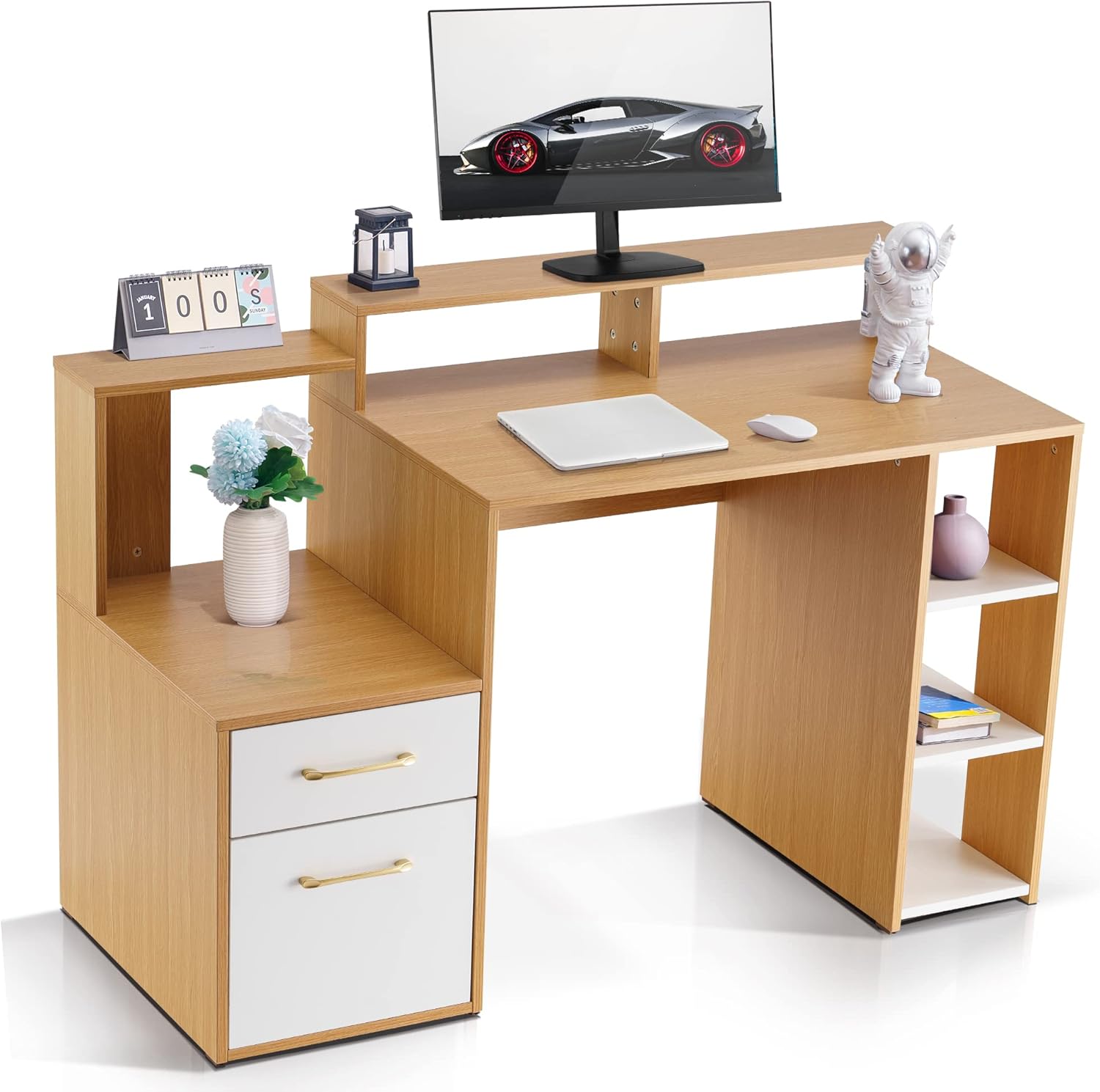【新生活応援特別価格】Newvalue デユニットスク オフィス パソコン 木製机 引き出し モニターラック付き 豊富収納 ホームオフィス スタディテーブル システムデスク 学習机 学習デスク キャビネット付 事務机 シンプル おしゃれ ナチュナル 人間工学的デザイン ホワイト