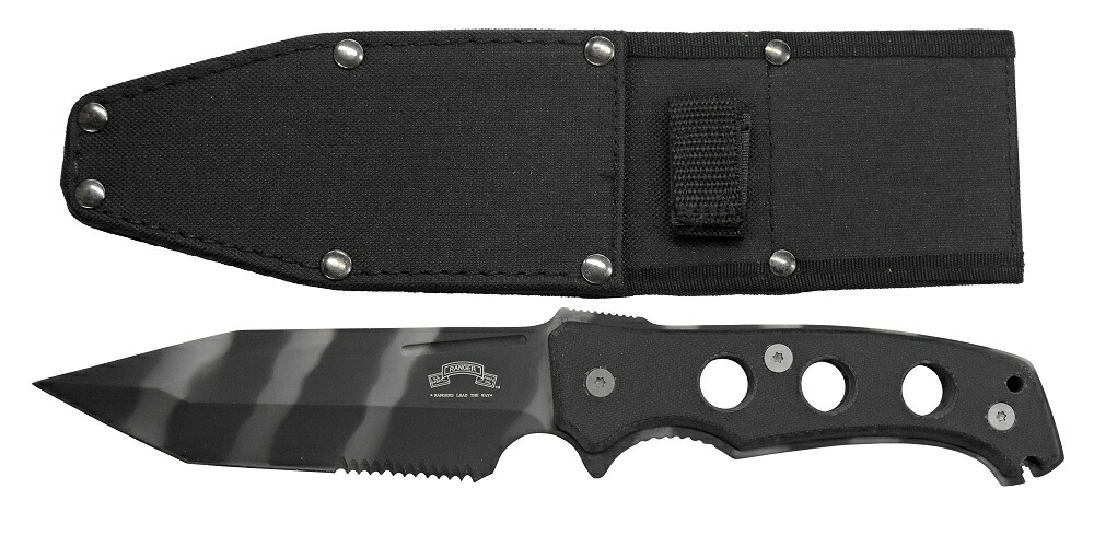【United Cutlery】 ユナイテッドカトラリー UC1441B USレンジャー タクティカル チタンカモ ナイフ サバイバルナイフ アウトドア よく切れる ブラック 黒 ケース付き シース ナイロンシース ナイロンケース 切れ味抜群 半波刃