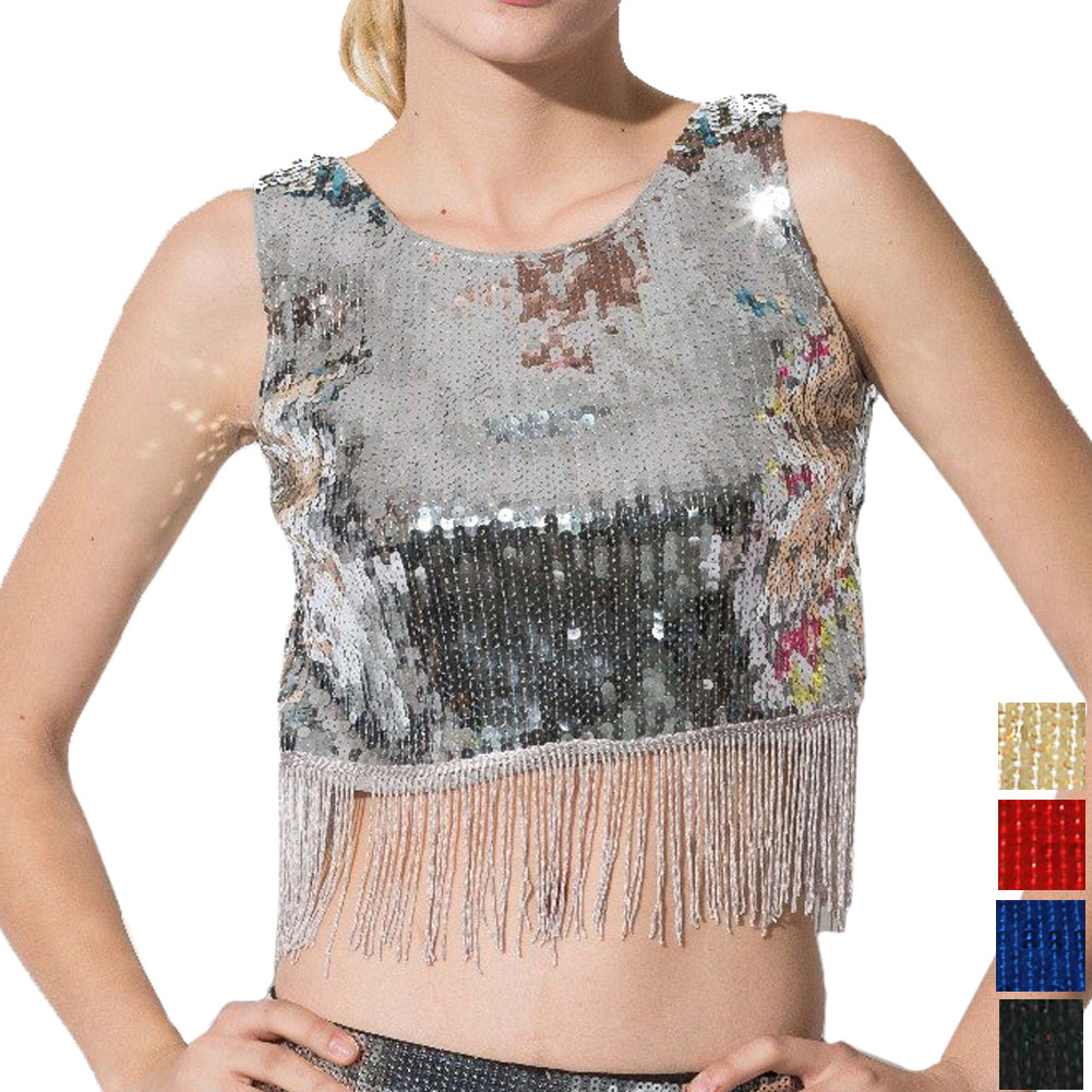 楽天市場 セール フリンジ スパンコール ダンス衣装 トップス ショート丈 ノースリーブ タンクトップ フリーサイズ コスチュームニューヨーク
