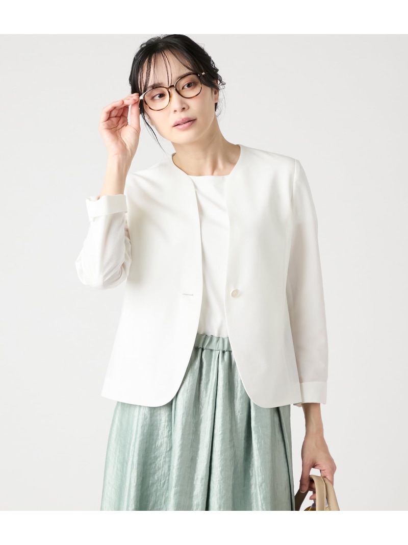 【SALE／40%OFF】【ウォッシャブル】ポリエステルドライサッカー ノーカラー1釦ジャケット NEWYORKER WOMEN ニューヨーカー ジャケット・アウター テーラードジャケット・ブレザー ホワイト ネイビー【RBA_E】【送料無料】[ Fashion]