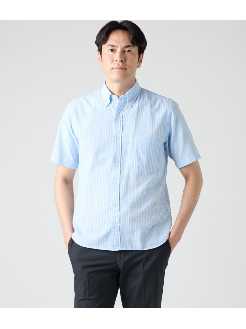 【SALE／50%OFF】ハケメワッシャーストライプ 半袖ショートボタンダウンシャツ NEWYORKER MEN ニューヨーカー トップス シャツ・ブラウス ブルー パープル ネイビー【RBA_E】【送料無料】[ Fashion]