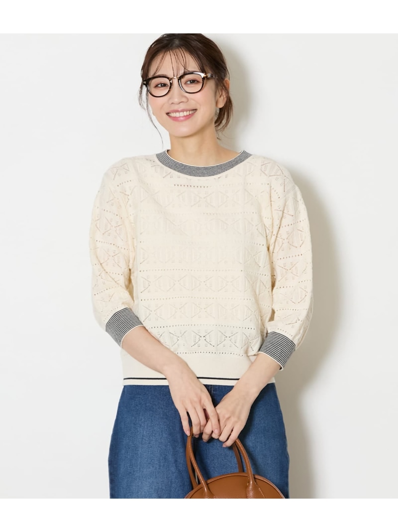 【手洗い可能】クロッシェ編み透かし柄 7分袖プルオーバー NEWYORKER WOMEN ニューヨーカー トップス ニット ネイビー ホワイト【送料無料】[ Fashion]