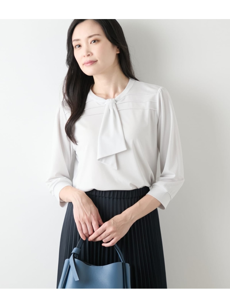 【SALE／40%OFF】トリアセ強撚スムース 7分袖ボウタイカットソー NEWYORKER WOMEN ニューヨーカー トップス カットソー・プルオーバー 黒いこと 青味【RBA_E】【貨物輸送無料】[ Fashion]