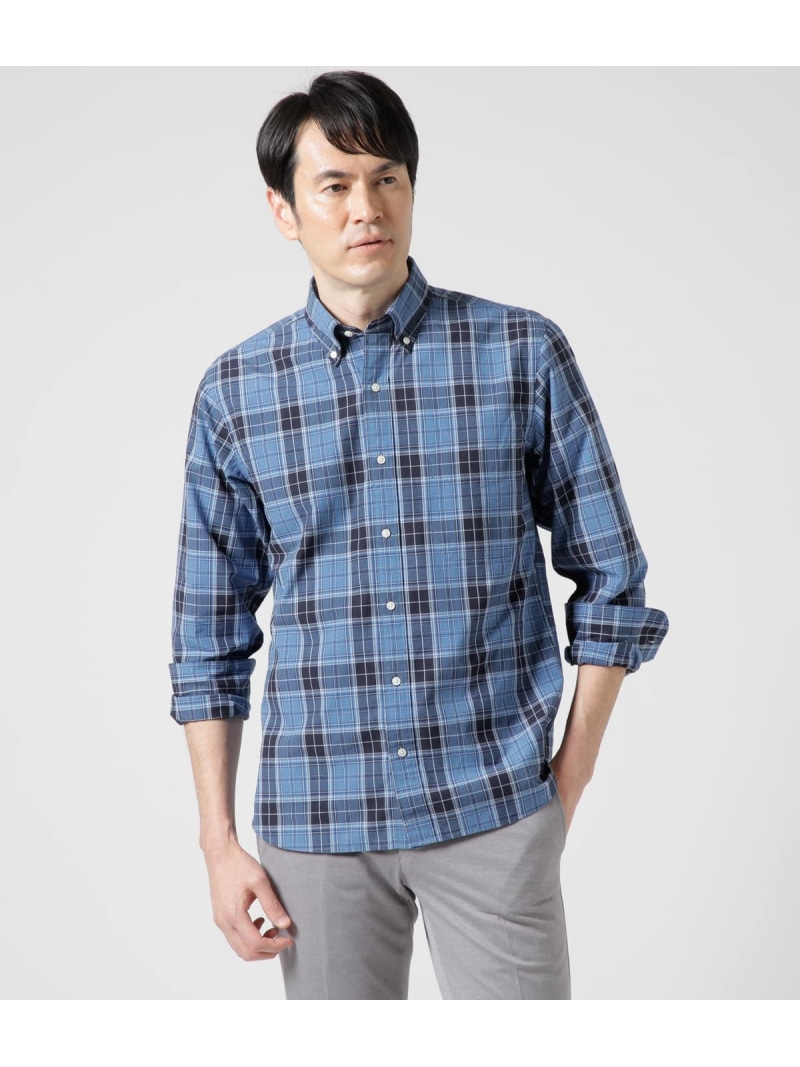 【SALE／36%OFF】ビッグチェック 長袖ショートボタンダウンシャツ NEWYORKER MEN ニューヨーカー トップス シャツ・ブラウス ブルー【RBA_E】【送料無料】[ Fashion]