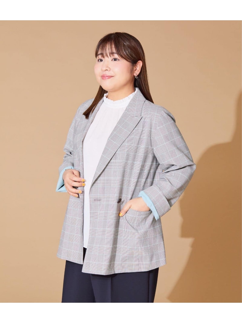 【SALE／40%OFF】【L】【ウォッシャブル】綿麻カラードグレンチェック ピークドラペルダブルジャケット NEWYORKER WOMEN L-SIZE ニューヨーカー エルサイズ ジャケット・アウター テーラードジャケット・ブレザー グレー【RBA_E】【送料無料】[ Fashion]
