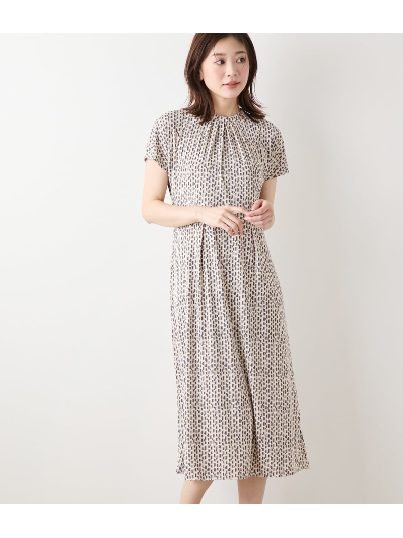 【SALE／28%OFF】【L】ポリエステル強撚スムース 幾何学プリント フレンチスリーブワンピース NEWYORKER WOMEN L-SIZE ニューヨーカー エルサイズ ワンピース・ドレス ワンピース ブルー ブラウン【RBA_E】【送料無料】[ Fashion]