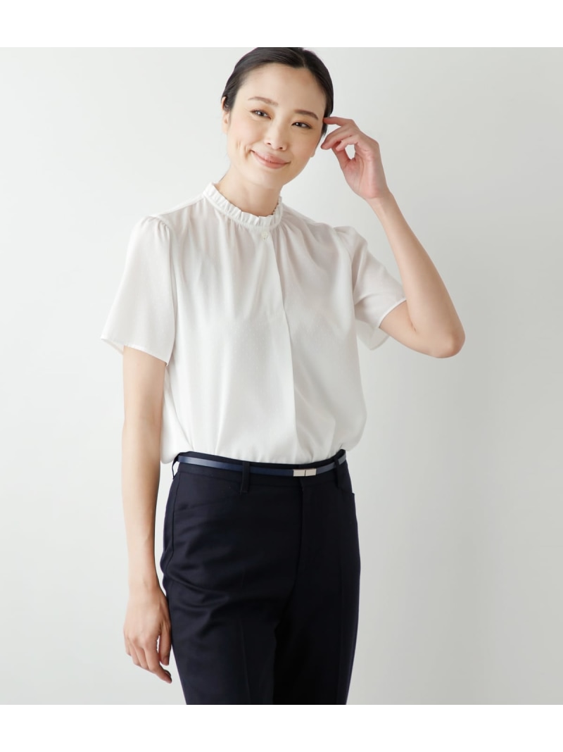 【SALE／44%OFF】【L】ミニドットデシン フリルカラー半袖プルオーバーブラウス NEWYORKER WOMEN L-SIZE ニューヨーカー エルサイズ トップス シャツ・ブラウス ホワイト【RBA_E】【送料無料】[ Fashion]
