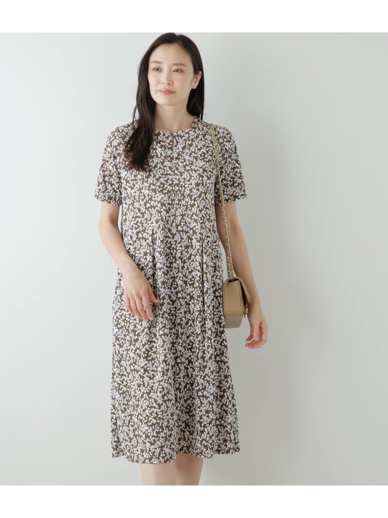 【SALE／37%OFF】【L】強撚スムース リーフプリント レイヤードネック半袖ワンピース NEWYORKER WOMEN L-SIZE ニューヨーカー エルサイズ ワンピース・ドレス ワンピース ブラウン【RBA_E】【送料無料】[ Fashion]