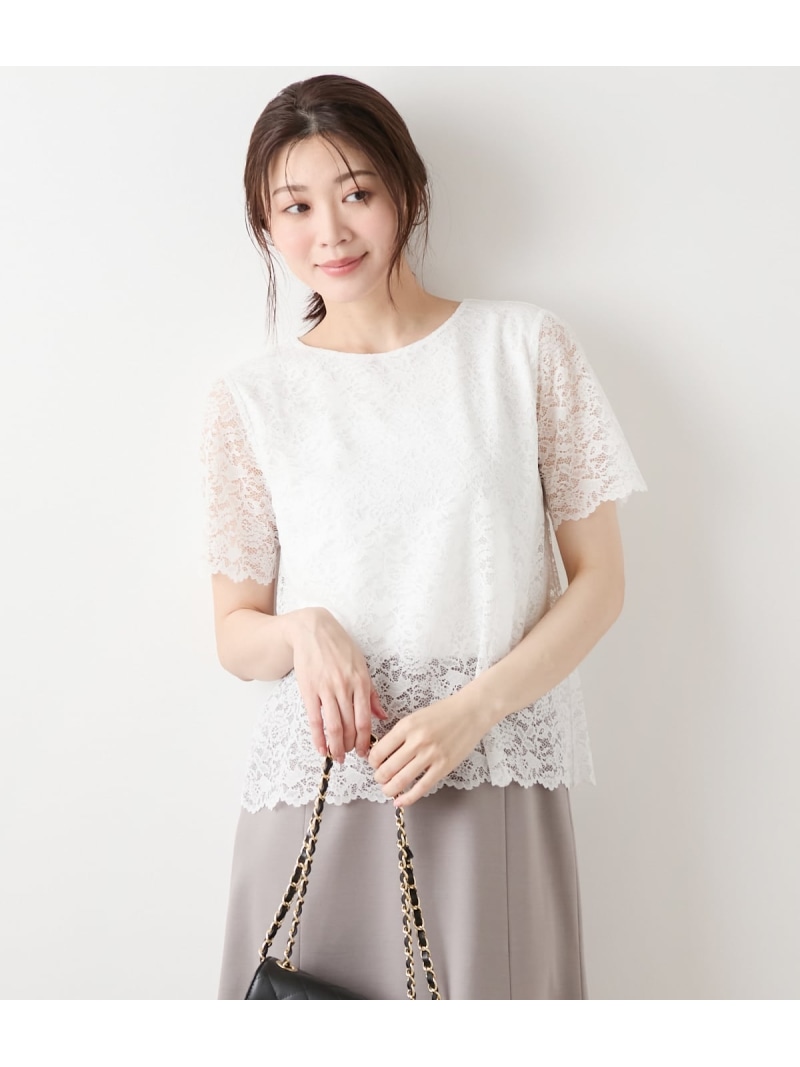 【L】TR天竺フラワーレース 半袖プルオーバー NEWYORKER WOMEN L-SIZE ニューヨーカー エルサイズ トップス カットソー・Tシャツ ホワイト ネイビー【送料無料】[ Fashion]