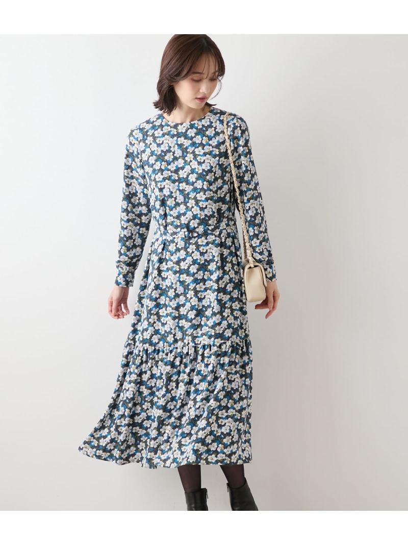【L】【ウォッシャブル】ビオラフラワープリント ティアードギャザーロングワンピース NEWYORKER WOMEN L-SIZE ニューヨーカー エルサイズ ワンピース・ドレス ワンピース ブルー【送料無料】[ Fashion]