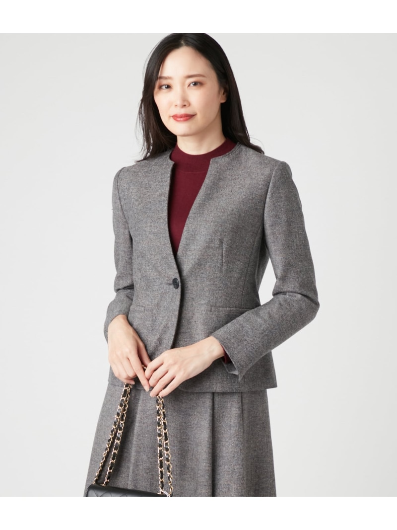 【SALE／23%OFF】ストレッチホームスパン 1釦ノーカラージャケット NEWYORKER WOMEN ニューヨーカー ジャケット・アウター テーラードジャケット・ブレザー グレー ベージュ【RBA_E】【送料無料】[ Fashion]