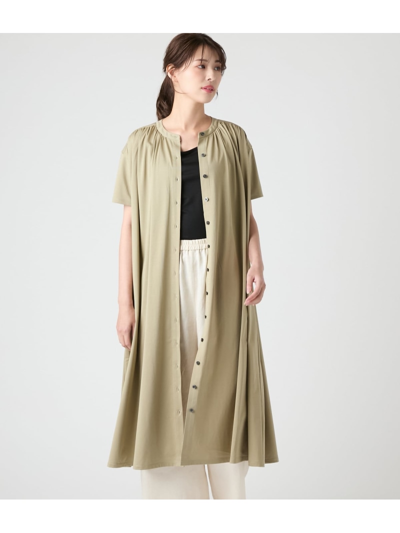 【SALE／50%OFF】【接触冷感】コットンポリエステル天竺 前開きギャザー半袖ワンピース NEWYORKER WOMEN ニューヨーカー ワンピース・ドレス ワンピース ネイビー グリーン【RBA_E】【送料無料】[ Fashion]